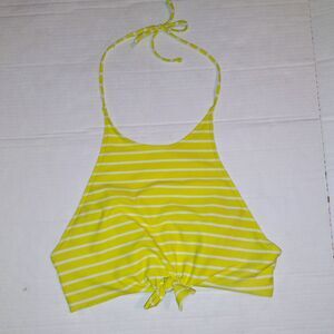 Aerie High Neck Crop Halter Swimsuit Top-Large-Tie Front-Yellow Stripe-Lined